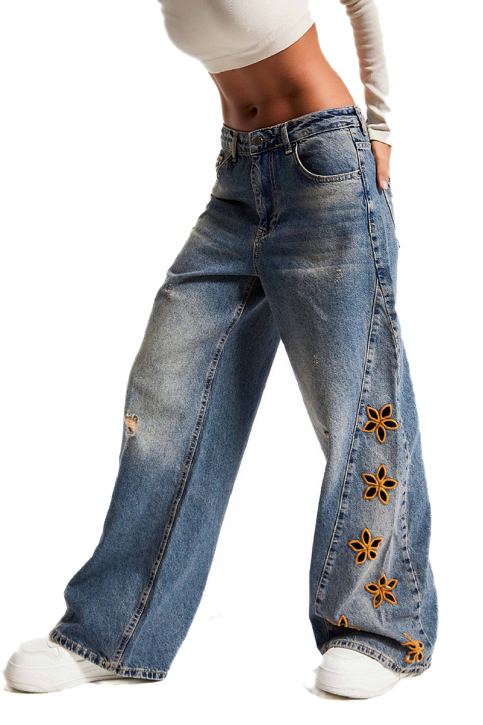 Floral Cutout Distressed Wide Jeans