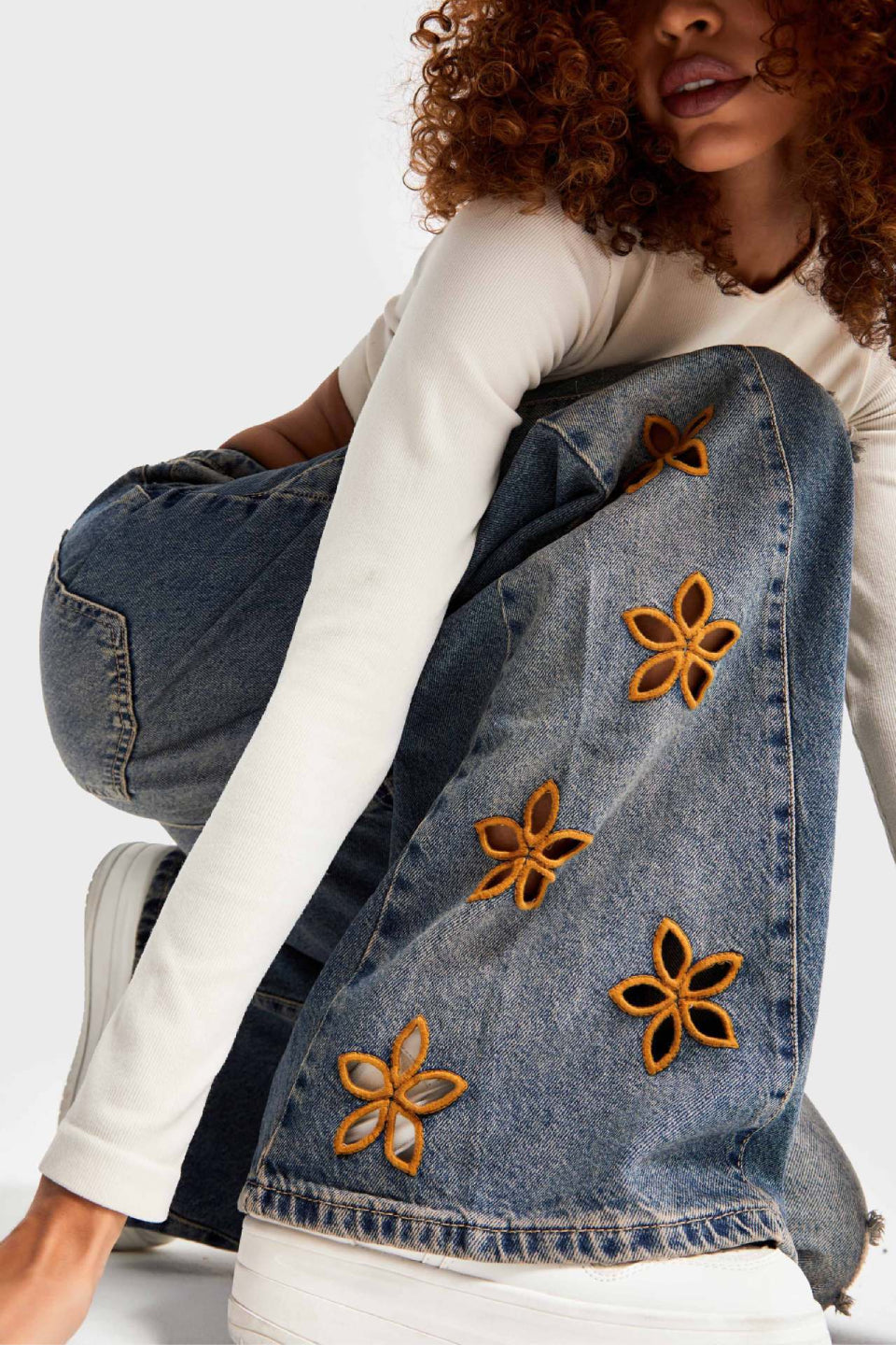 Floral Cutout Distressed Wide Jeans