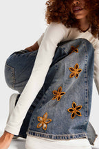Floral Cutout Distressed Wide Jeans