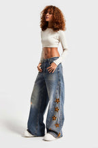 Floral Cutout Distressed Wide Jeans