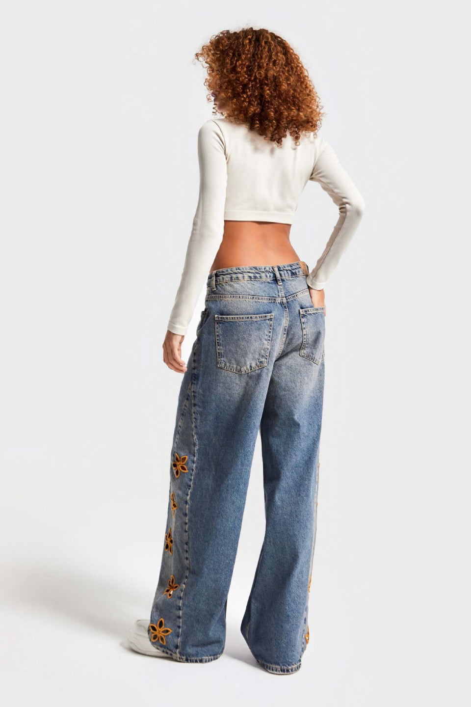 Floral Cutout Distressed Wide Jeans