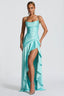 Turquoise Satin Lace-Up Slit Maxi Dress
