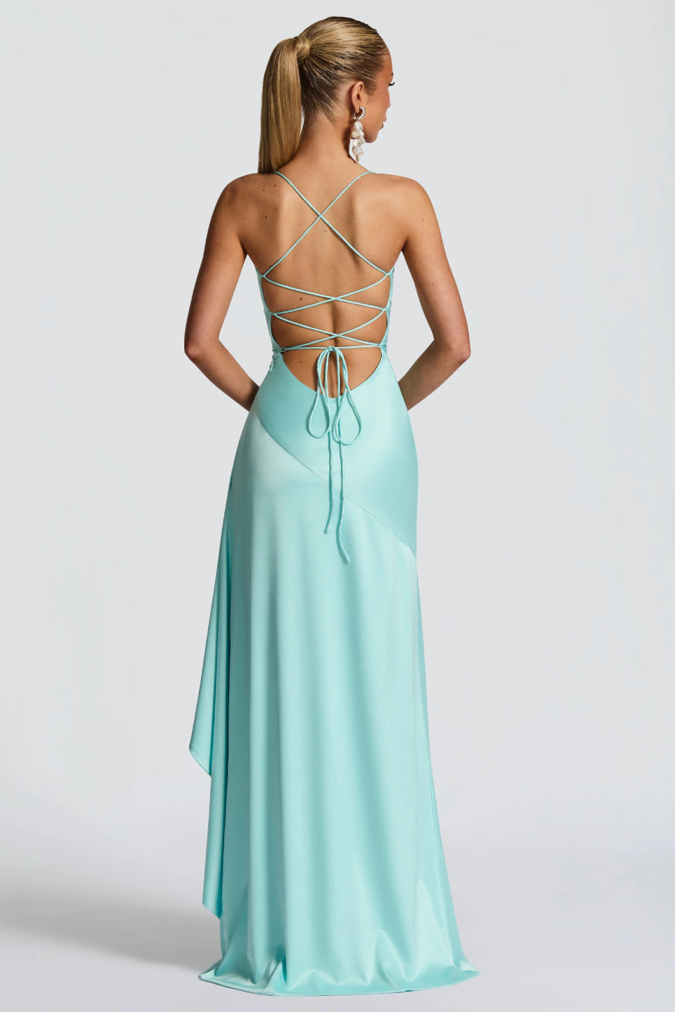 Turquoise Satin Lace-Up Slit Maxi Dress