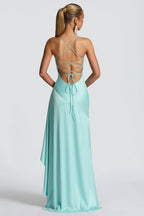 Turquoise Satin Lace-Up Slit Maxi Dress