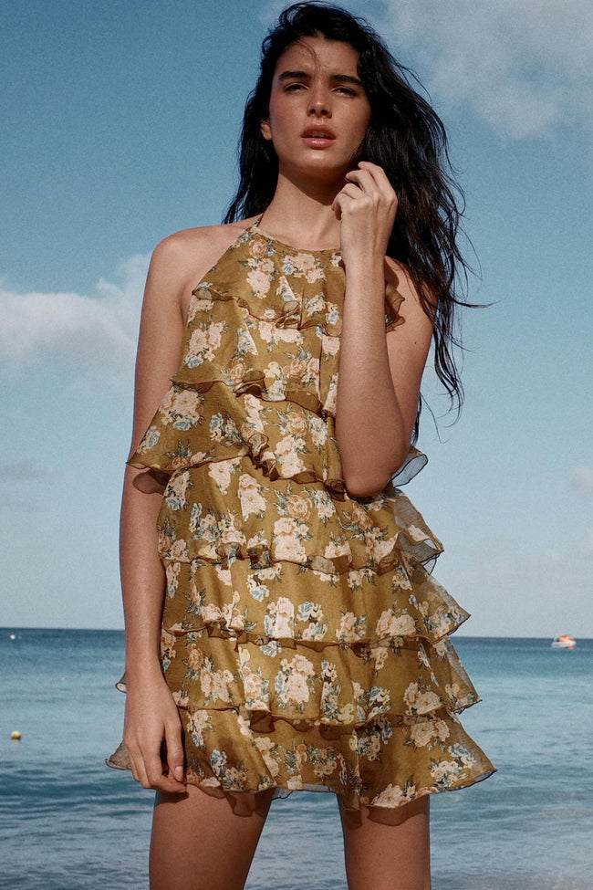 Floral Ruffle Halter Mini Dress Hover Image