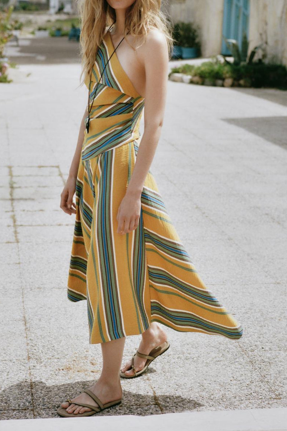 Striped One Shoulder Midi Dress