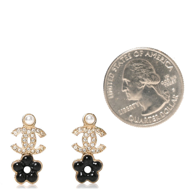 Crystal Pearl CC Flower Earrings Black Gold Main Image