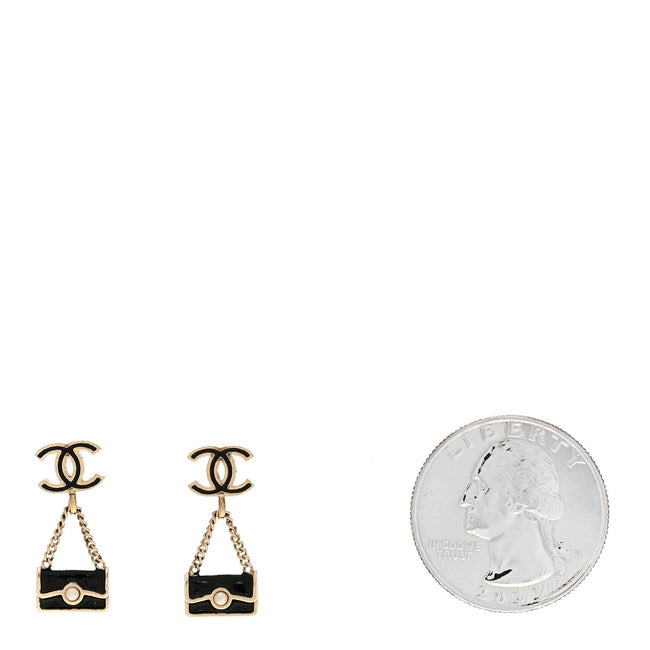Enamel Pearl CC Flap Bag Drop Earrings Black Gold Main Image