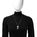 Crystal Pearl CC Drop Necklace Gold