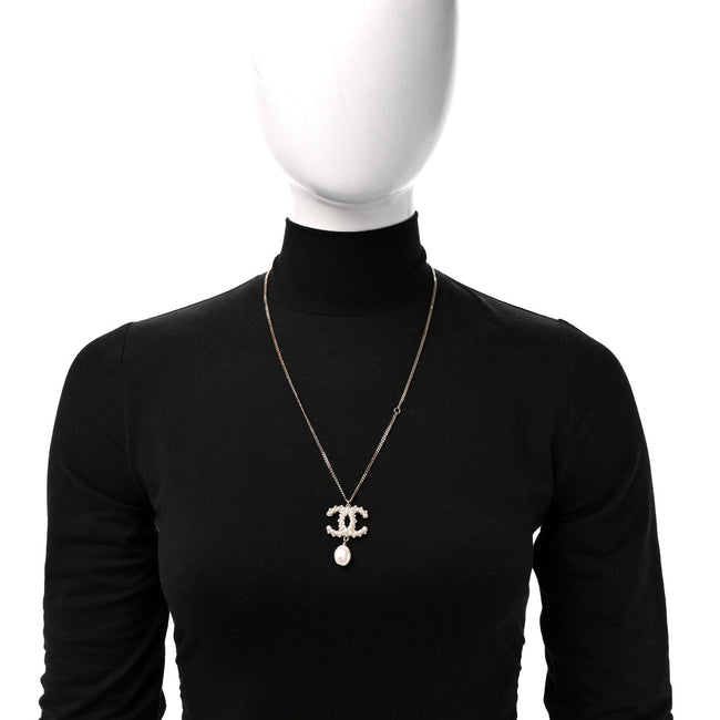 Crystal Pearl CC Drop Necklace Gold Main Image