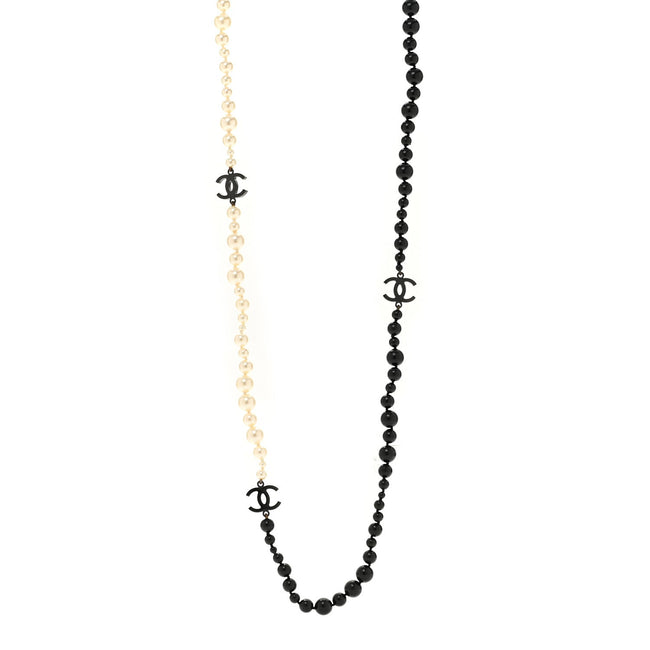 Ruthenium Pearl Beaded Enamel CC Long Necklace White Black Hover Image