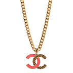 Metal Enamel Quilted CC Chain Necklace Pendant Gold Pink