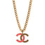 Metal Enamel Quilted CC Chain Necklace Pendant Gold Pink