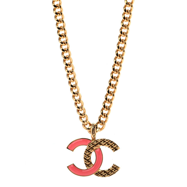 Metal Enamel Quilted CC Chain Necklace Pendant Gold Pink Hover Image