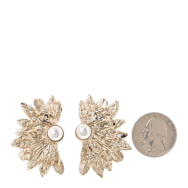 Metal Pearl Feather Clip On Earrings Gold Main Image