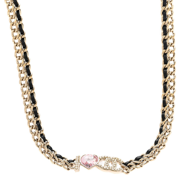 Metal Lambskin Crystal I Heart CC Choker Necklace Gold Black Hover Image