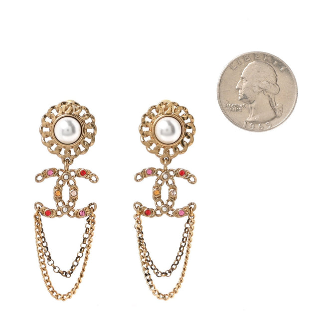 Pearl Crystal Chain Link CC Drop Earrings Gold Red Pink Yellow Main Image