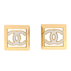 Metal Enamel CC Square Earrings Gold White