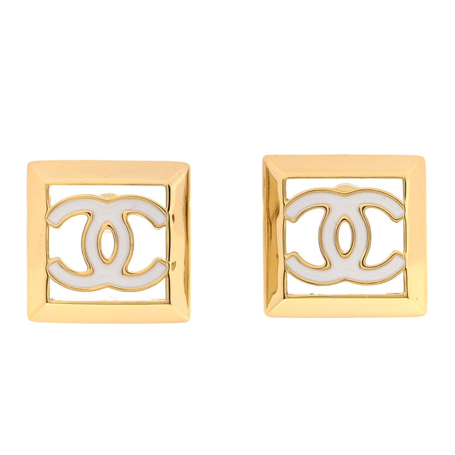 Metal Enamel CC Square Earrings Gold White Hover Image