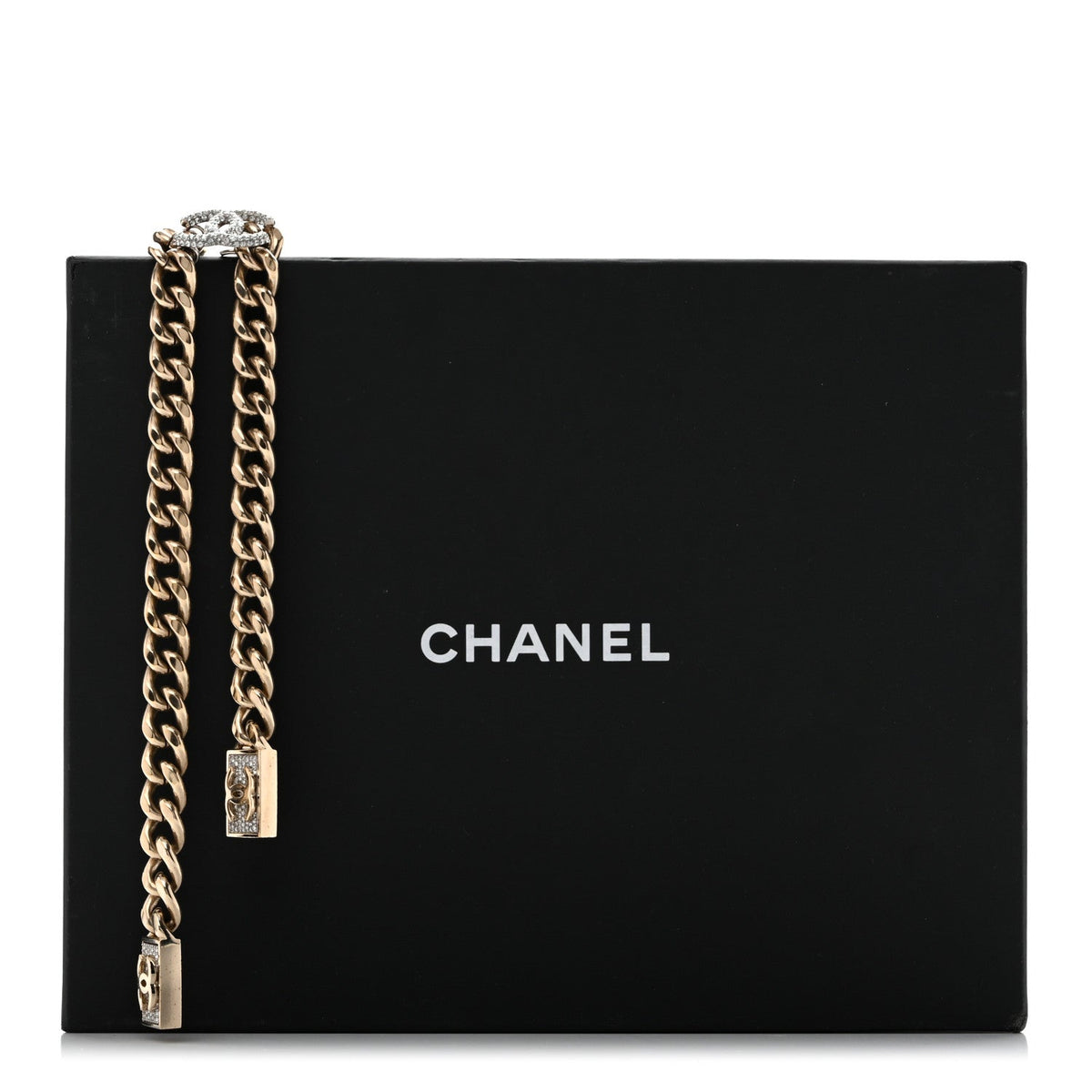 Chain Link Crystal CC Dog Tag Charm Necklace Gold