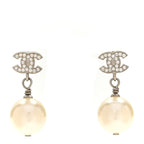 Crystal Pearl CC Drop Earrings Silver