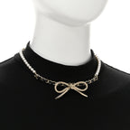Pearl Lambskin CC Chain Bow Choker Gold Black White