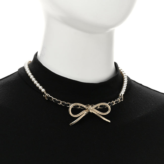 Pearl Lambskin CC Chain Bow Choker Gold Black White Main Image