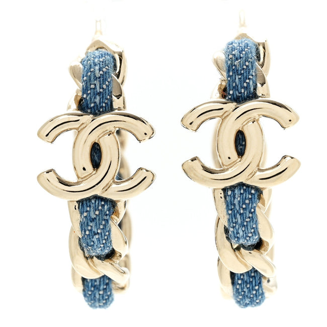 Metal Denim CC Chain Hoop Earrings Gold Blue Hover Image