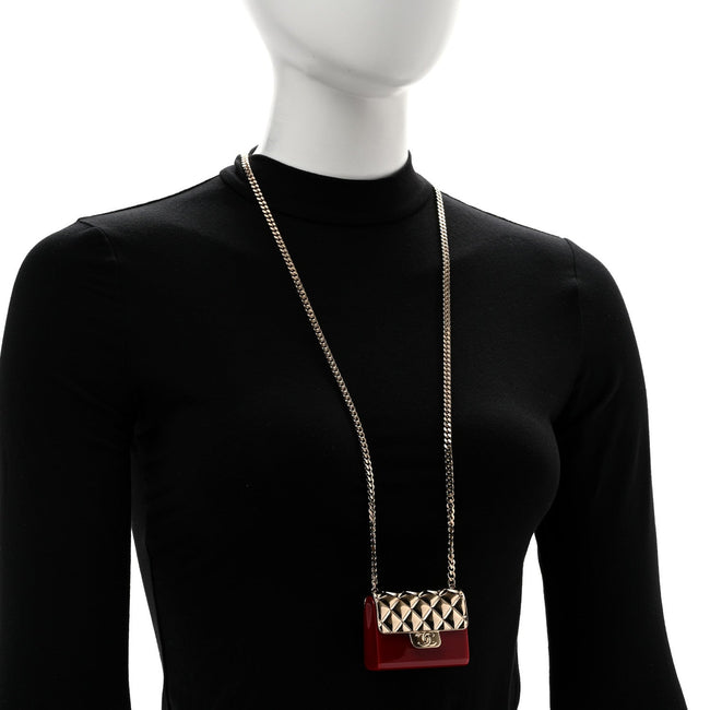 Metal Resin Flap Bag Long Necklace Gold Red Main Image