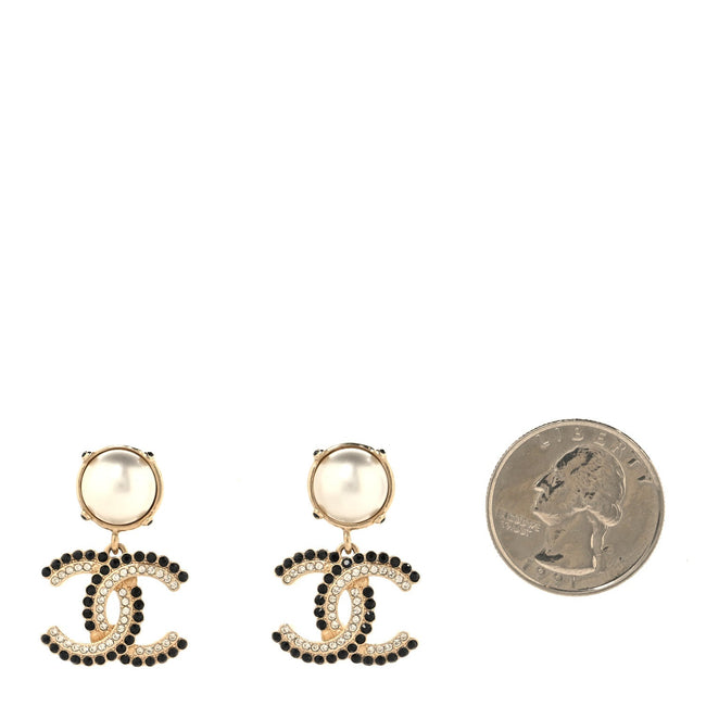 Pearl Crystal CC Drop Earrings Black Gold Main Image