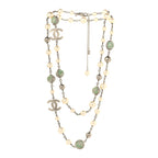 Pearl Beaded CC Long Necklace Silver Green