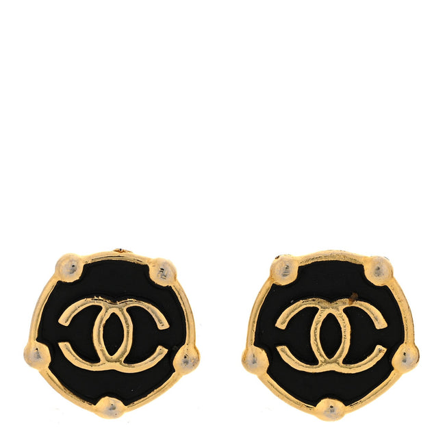 CC Round Clip On Earrings Black Gold Hover Image