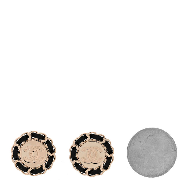 Crystal Lambskin Chain CC Stud Earrings Black Gold Main Image