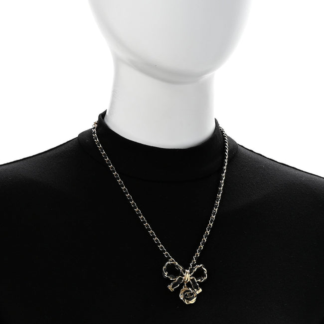 Metal Lambskin Chain CC Bow Necklace Black Gold Main Image