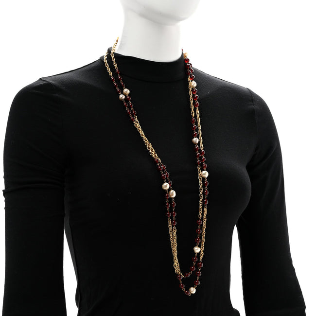 Beaded Pearl CC Long Strand Necklace Gold Red Main Image