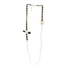 Calfskin Pearl Chain 90's Camellia Long Necklace Black Gold