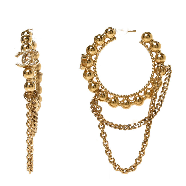 Metal Crystal Bead Chain CC Hoop Earrings Gold Hover Image