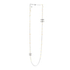 Graduated Pearl Crystal CC Long Necklace Silver