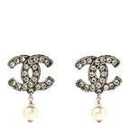 Pearl Crystal CC Drop Earrings Silver Pearly White