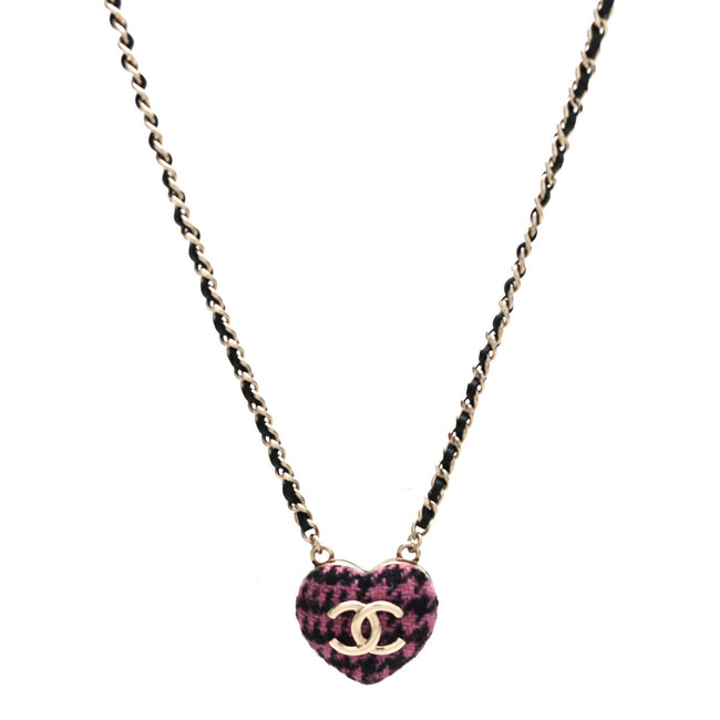 Tweed Lambskin CC Heart Locket Necklace  Gold Black Pink Hover Image