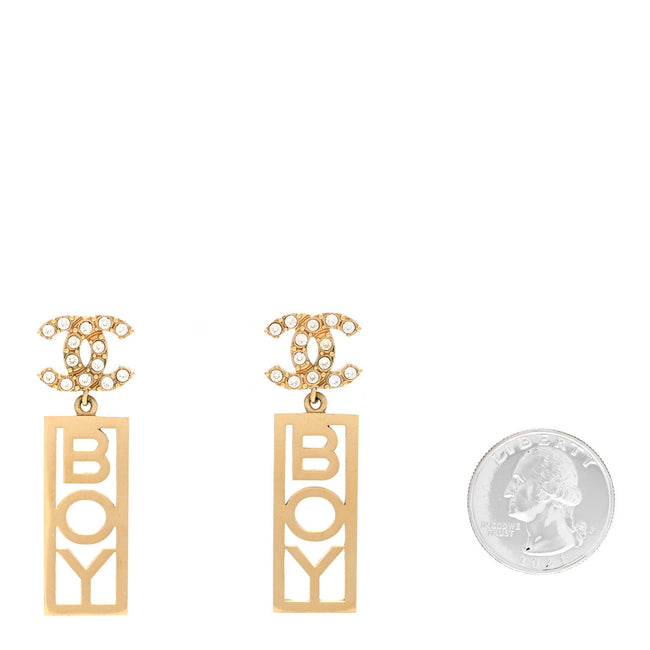 Metal Crystal CC Boy Drop Earrings Gold Main Image