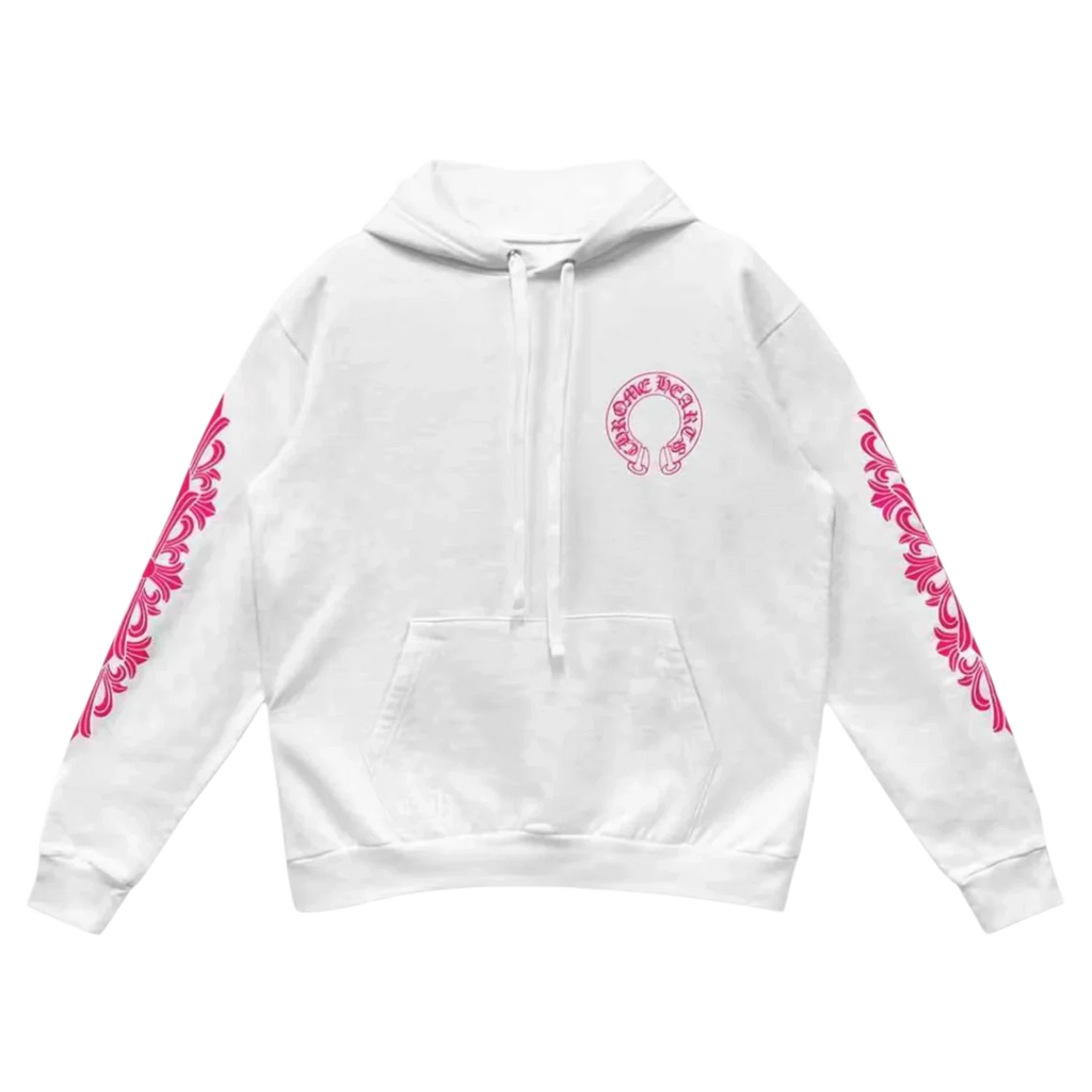 Chrome Hearts Pink Horseshoe Floral Sleeve Pullover Hoodie White