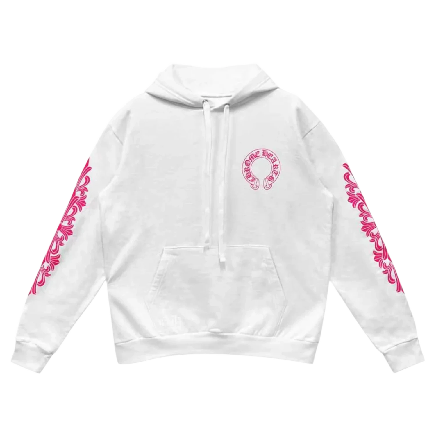 Chrome Hearts Pink Horseshoe Floral Sleeve Pullover Hoodie White