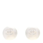 Resin Metal CC Stud Earrings Silver Pearly White