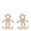 Metal Crystal Pearl CC Star Earrings Gold Pearly White