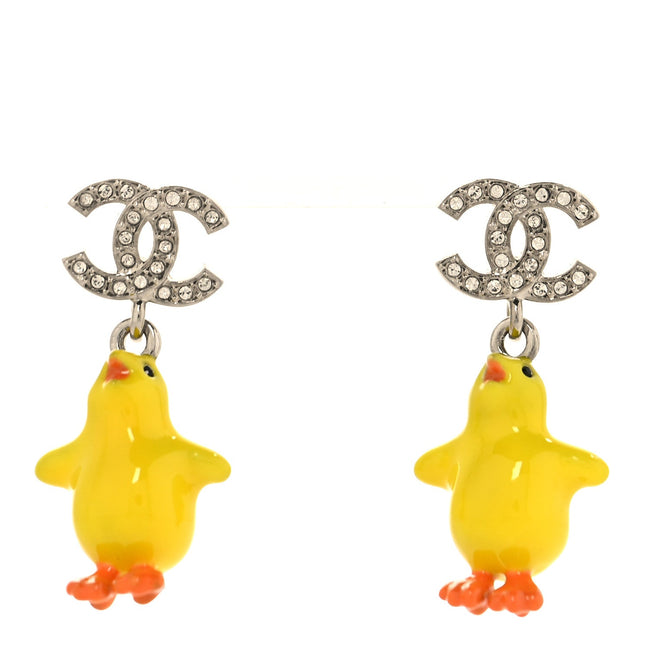 Metal Resin Strass Crystal CC Baby Chick Pendant Earrings Silver Yellow Orange Hover Image