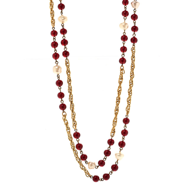 Beaded Pearl CC Long Strand Necklace Gold Red Hover Image