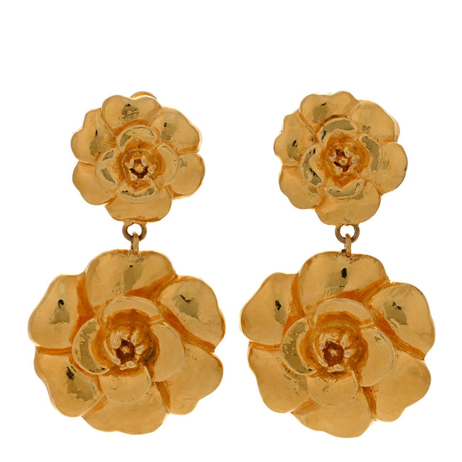 Camellia CC Clip On Drop Earrings Gold Hover Image