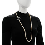 Pearl Crystal Lambskin CC Long Necklace Gold Black