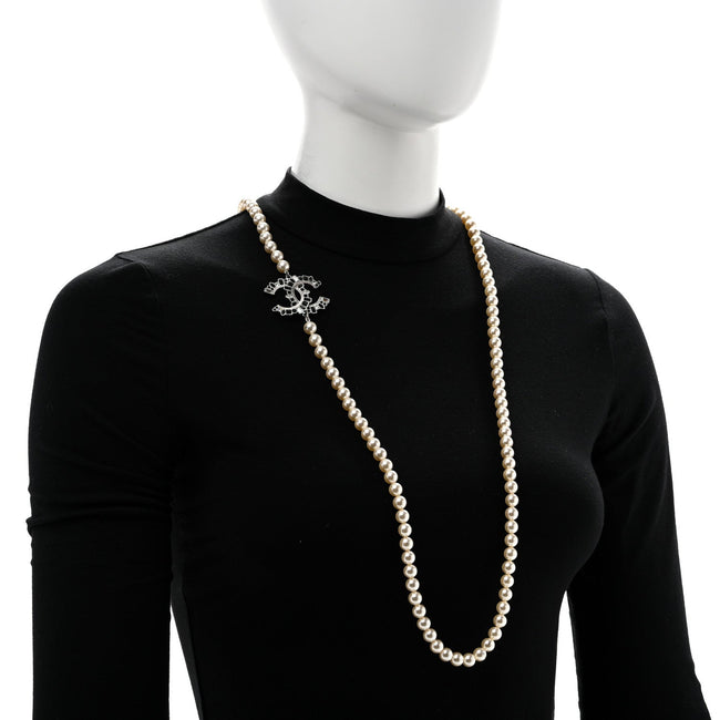 Pearl Crystal Lambskin CC Long Necklace Gold Black Main Image